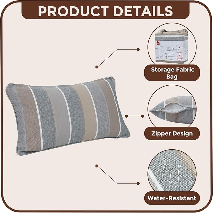 FUNHOME Outdoor Lumbar Pillow Covers 12X20 Inch, No Insert-Grey Stripe | Patio Lumbar Cases Pack of 2, Water-Repellent, Throw Pillowcase for Couch Garden Furniture