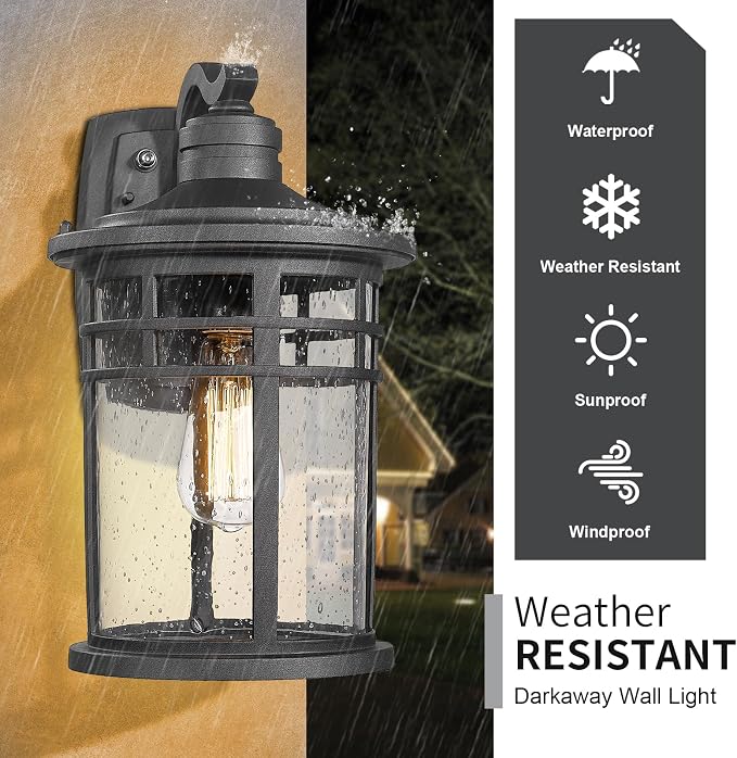 Darkaway Dusk to Dawn Outdoor Porch Wall Light,Outside Wall Mounted Light Seeded Glass Exterior Waterproof Lantern 14.57inch Large Modern Wall Sconce Lighting for House Front Door Garage
