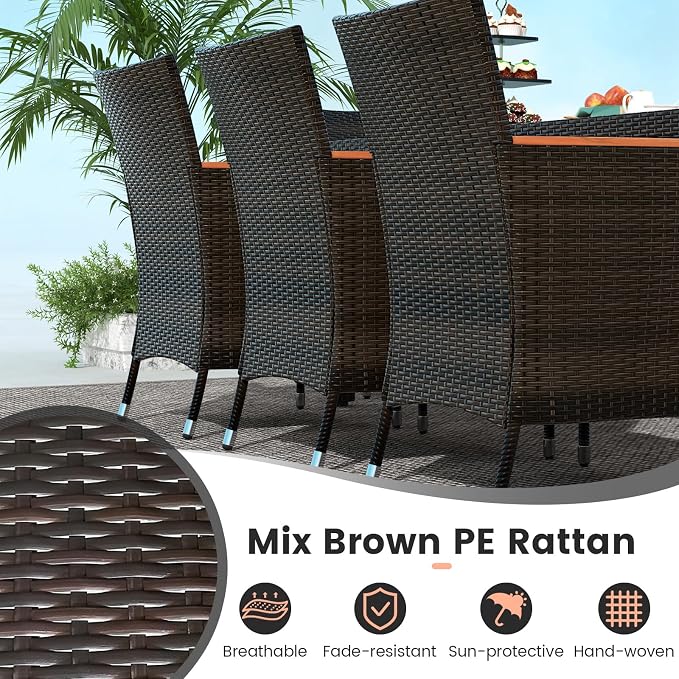 Tangkula 11 Pieces Patio Dining Set with 15ft Double-Sided LED Patio Umbrella (Base Included), Outdoor Rattan Furniture Set with 8 Stackable Chairs, Acacia Wood Dining Table and Umbrella (Gray)