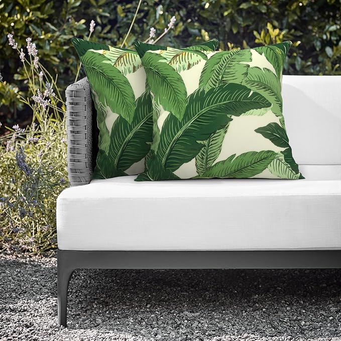 Outdoor Throw Pillows 16x16 Inch, Water Repellent Patio Pillows with Inners Set of 2 for Patio Furniture Home Garden, Swaying Palms Green