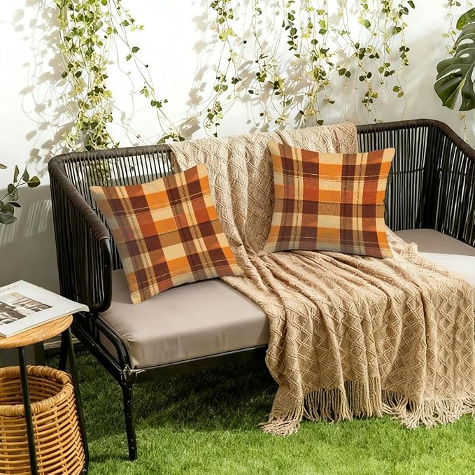 22x22 Inch Outdoor Pillow Covers Set of 2 Waterproof Throw Pillow Covers Decorative Couch Cushion Covers Buffalo Check Orange Square Pillowcases Protectors for Patio Garden Sofa