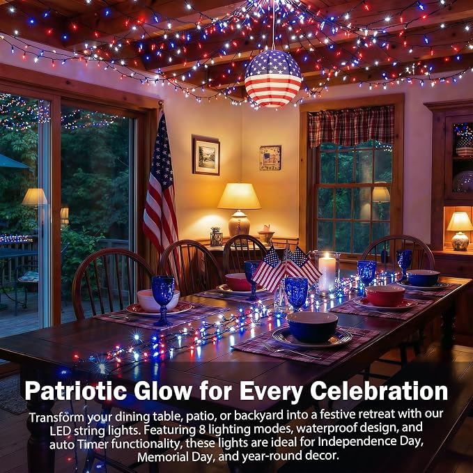 66ft 200LED Red White Blue Patriotic Lights for 4th of July Decoration Battery Fairy String Lights Indoor Outdoor Waterproof Remote Timer 8 Modes for Independence Day American Flag Holiday
