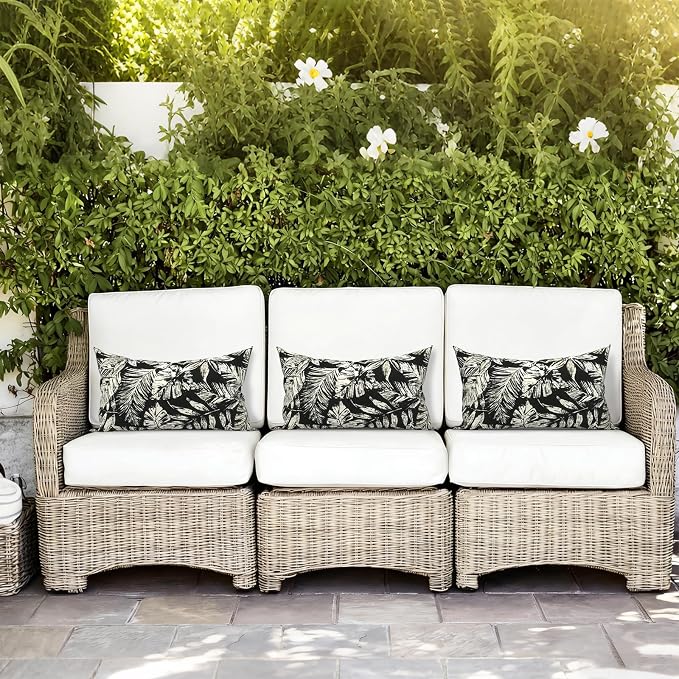 LVTXIII Outdoor/Indoor Lumbar Pillows, Decorative Patio Lumbar Cushions, Fluffy Water Repellent Garden Cushions for Home Patio Coach Sofa Use, 12×20 Inch, Pack of 2, Tropical Leaf Black