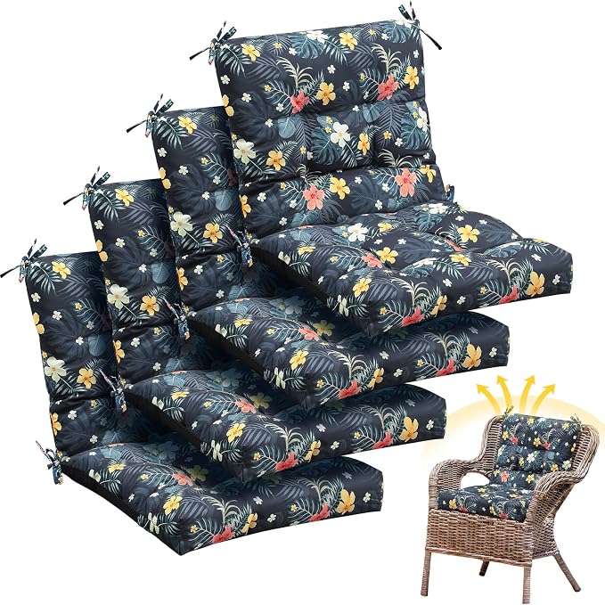 Marsui 4 Pcs Outdoor Indoor High Back Chair Cushions Patio Furniture Tufted Pillow with Ties Water-Resistant Replacement Outdoor Rocking Chair Cushions, 42 x 21 Inches (Dark Color,Plants)
