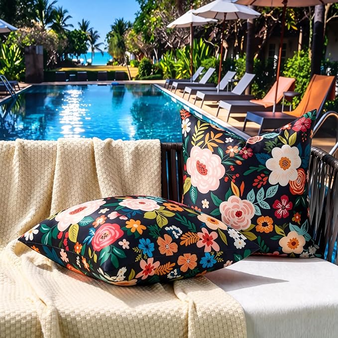 Outdoor Waterproof Pillow Covers Decorative Black Floral Pillow Covers Summer Accent Square Couch Covers Garden Farmhouse Throw Cushion Cases 20x20 Inch Set of 2 for Patio Tent Balcony Bench Sofa