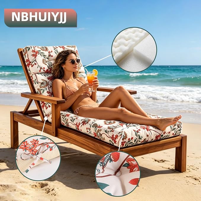 Patio Chaise Lounge Cushions, 70.5"x21"x4" Waterproof Replacement Beach Pool Lawn Outdoor Lounge Chair Cushion, Non-Slip Bottom & Secure Ties for Outdoor Furniture，Flower Red, 1Count