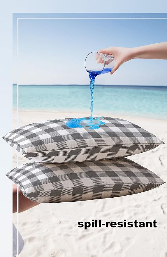 Outdoor Waterproof Throw Pillow Covers Set of 2 Gray Buffalo Check Plaid Lumbar Pillowcases 20x12 Inches Farmhouse Style Patio Decorative Pillows Cushion Case Patio Pillows for Couch Bed Chair Garden