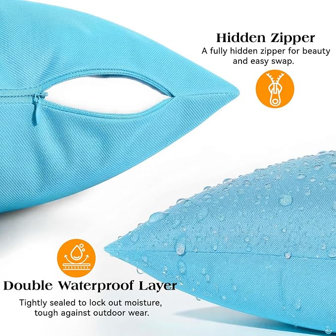 Lewondr 2 Pack Waterproof Outdoor Throw Pillow Covers, 18"x18", Light Blue | Waterproof, Solid PU Coating Throw Pillow Case, UV Protection Garden Cushion Cover, for Patio Decorative Sofa Couch Balcony