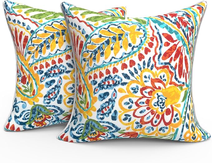 Outdoor Throw Pillows Inners, Fade Resistant Patio Furniture Square Pillows with Piping Set of 2 for Patio Furniture, 18x18 Inch, Paisley Multi