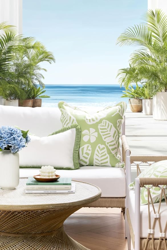 Hofdeco Premium Coastal Hampton Patio Indoor Outdoor Throw Pillow Cover Only, 20"x20" Water Repellent for Backyard, Couch, Poolside, Grass Green Print Palm Leaves and Hisbucs Flowers