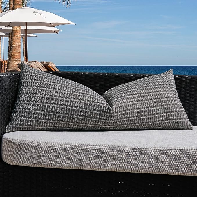 Kevin Textile Outdoor Waterproof 14"x36" Pillow Cover 1 Pack, Dark Grey | Water Resistant Weaving Faux Linen Texture Throw Pillow Covers, Outside Decorative Pillowcases for Garden Patio Balcony Couch