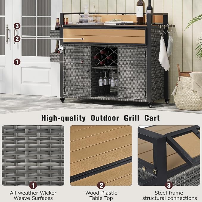 52.8" W Wicker Outdoor Bar Cart Table with Extended Plastic Wood Table Top, Outdoor Grill Cart with Large Storage Cabinet, for Patio Backyard Garden Poolside, Double Handle Design, Grey