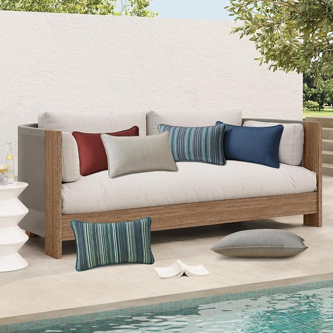 Unimatta Sunbrella Decorative Outdoor Water Repellent Throw Pillows with Inserts, Set of 4, 20" x12" Pillows for Patio, Backyard, Bed, Couch, and Patio Furniture, Beach Stripe Lagoon
