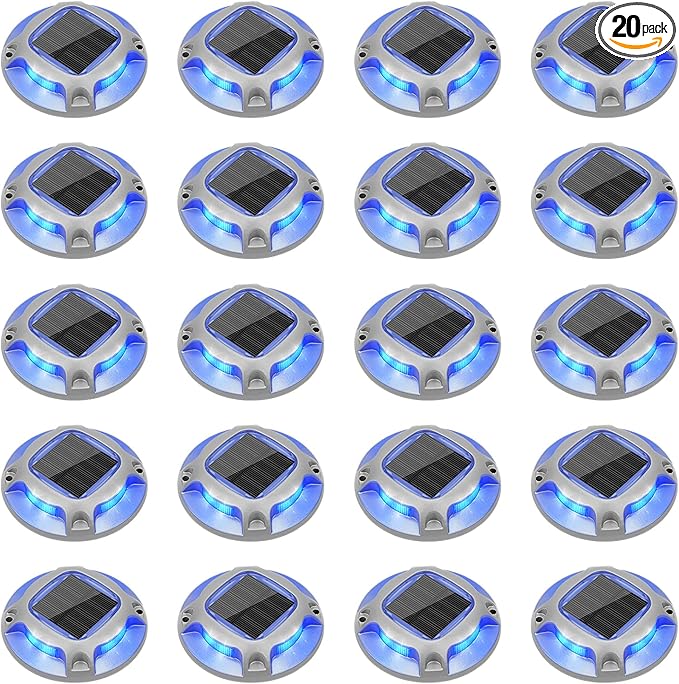 VOLISUN Solar Driveway Marker Lights Dock Marine Led Deck Outdoor 20 Pack | 2 Colors in 1,Solar Powered Waterproof Warning Step Lights for Pathway Garden Sidewalk Walkway (Blue/White)