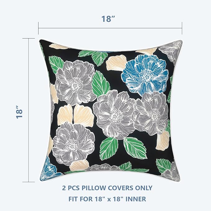 LVTXIII Outdoor Pillow Covers 18x18 Patio Waterproof Throw Pillow Cases Fade Resistant Accent Pillow Covers for Spring Summer Garden Decoration, Set of 2, Peony Garden