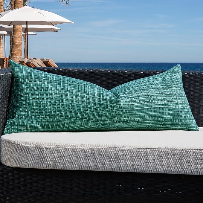 Kevin Textile Outdoor Waterproof 14"x36" Lumbar Pillow Cover 1 Pack, Teal | Water Resistant, Faux Linen Yarn-dyed, Woven Texture Throw Pillow Covers for Tent Patio Garden Couch Sofa