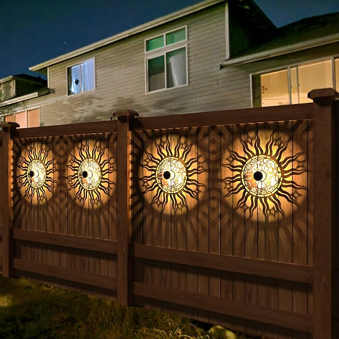 gardencave 4 Pack Solar Fence Lights Metal Solar Powered Outdoor Wall Deck Lights Sun Moon Theme Waterproof Fence Light for Garden Post Patio Backyard Yard Decor (Face, 4 Pack)
