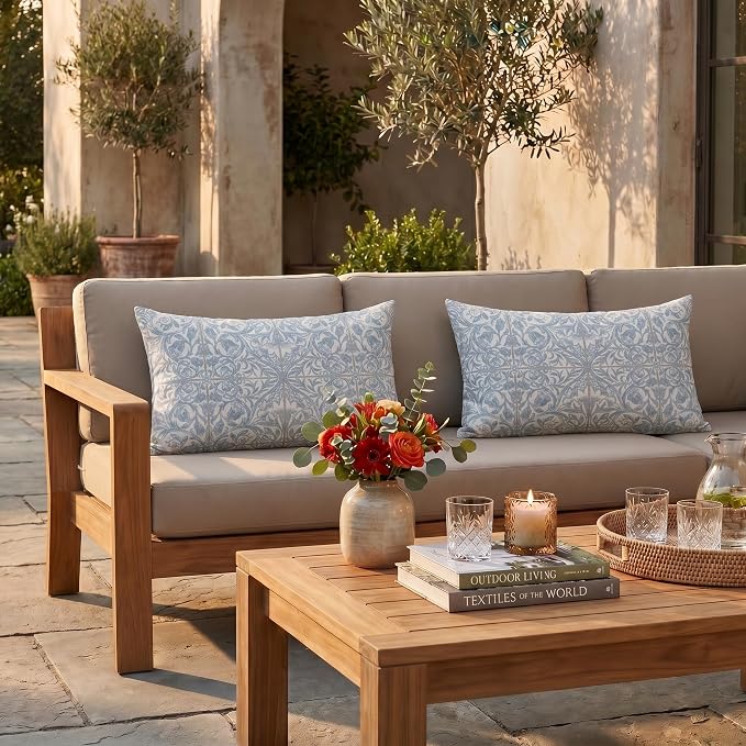 RSH DECOR: Sunbrella Jumbo Lumbar Pillows Set of 2 | 26" x 16" | Water and Fade-Resistant Performance Fabric | Outdoor Pillow Covers with Down-Alternative Inserts | Made in USA (Provincial Azure)