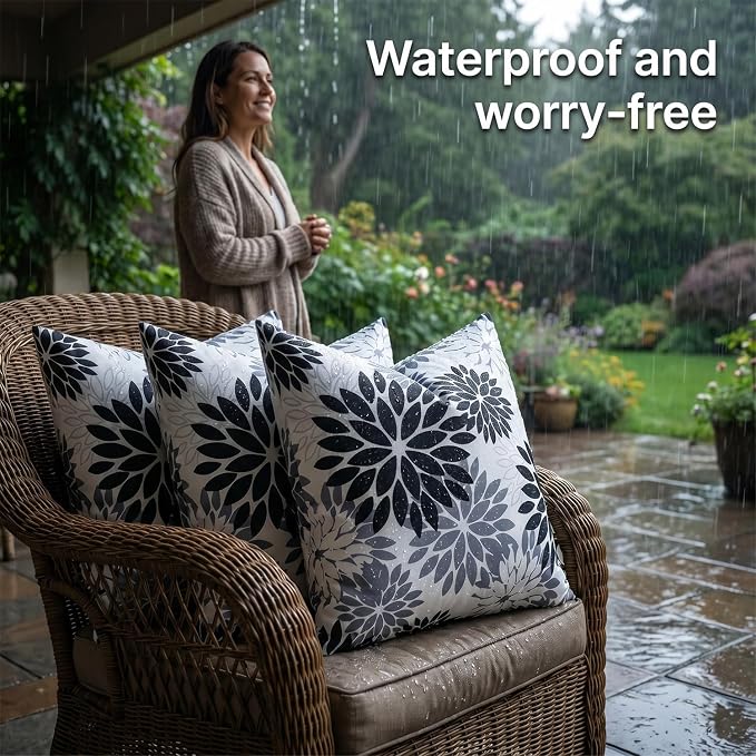 Black and Gray Dahlia Throw Pillow Covers Set of 2 Outdoor Waterproof Pillow Case 20x20 Inches Decorative Cushion Covers Spring Summer for Tent Patio Garden Living Room Sofa Bedroom