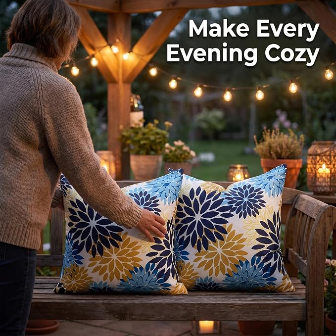 Set of 2 Dahlia Throw Pillow Covers Blue and Yellow Decorative Cushion Covers 16×16 Inches Outdoor Waterproof Pillowcases Blue and Yellow for Living Room Patio Garden