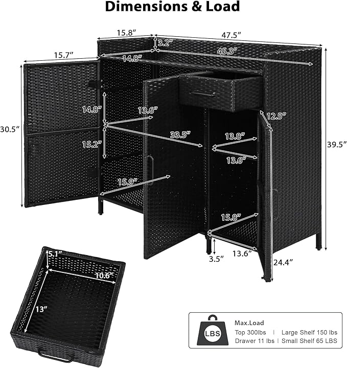 47.5" W Wicker Outdoor Storage Cabinet with Tempered Glass Desktop, Adjustable Shelf, Drawer, and Three Doors – Weather-Proof Rattan Bar Table for Outdoor Cushions and Pool Toys
