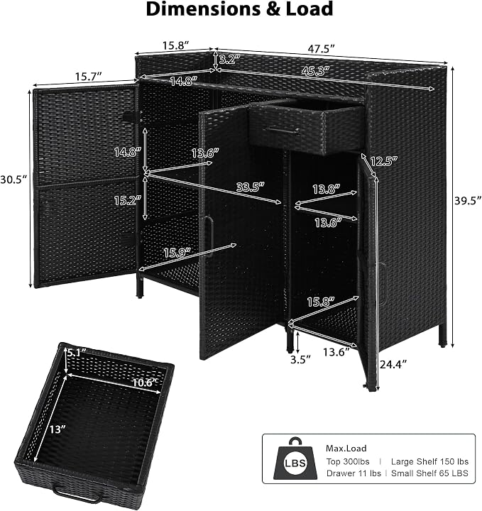 RUNNA Wicker Outdoor Storage Cabinet with Tempered Glass Desktop, Weather-Proof Rattan Bar Table with Three Doors, Adjustable Shelf, and One Drawer, for Outdoor Cushions, Pool Toys (Black Brown@045)
