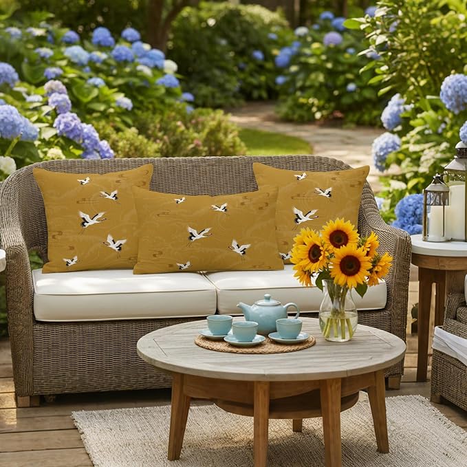 Japanese Style Outdoor Pillow Covers 20x20 Inch Throw Pillow Covers Set of 2 Waterproof Decorative Pillow Cases Vintage Art Cranes Ocean Wave Yellow Cushion Covers for Patio Furniture Garden Couch