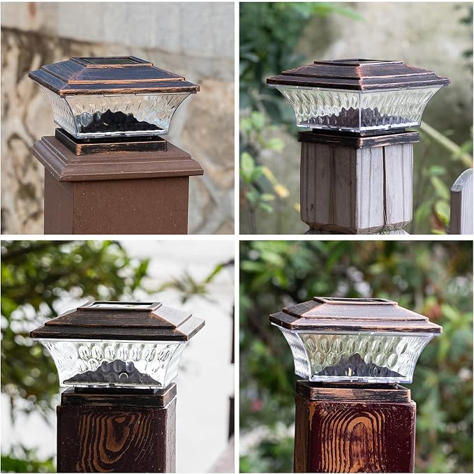 HUYIENO Solar Post Cap Lights Outdoor LED Lighting Deck Fence Cap Light Two Light Modes Warm White/Bright White Suitable for 4x4 Wooden Posts (Brushed Copper, 8pk)