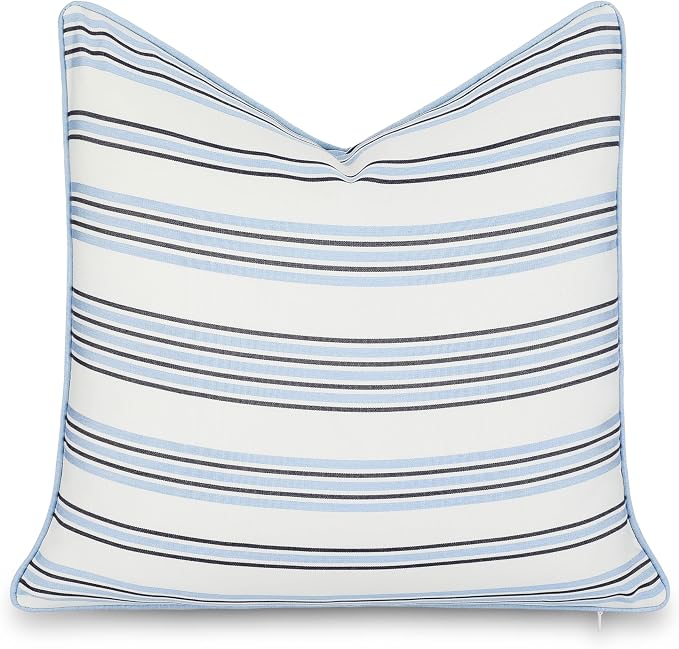 Hofdeco Premium Coastal Hampton Outdoor Performance Throw Pillow Cover Only, 20"x20" Water Repellent, UV and Fade Resistant for Backyard, Couch, Poolside, Azure Blue Indigo Woven Bayside Stripes
