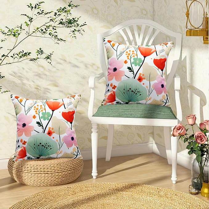 Floral Outdoor Throw Pillow Covers 18x18 Waterproof Colorful Summer Spring Garden Decorative Square Patio Pillows Outdoor Pillows Covers for Patio Furniture Set of 2 (No Pillow Insert)