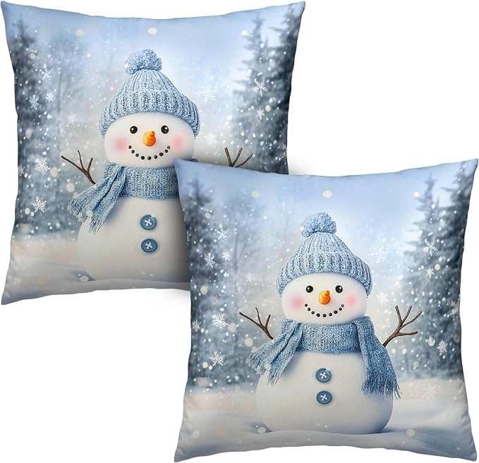 Blue Snowman Throw Pillow Covers Winter Pillow Covers 24x24 Snowflakes Pillow Case Double Sided Printing Cushion Case for Home Decor Couch Sofa Set of 2