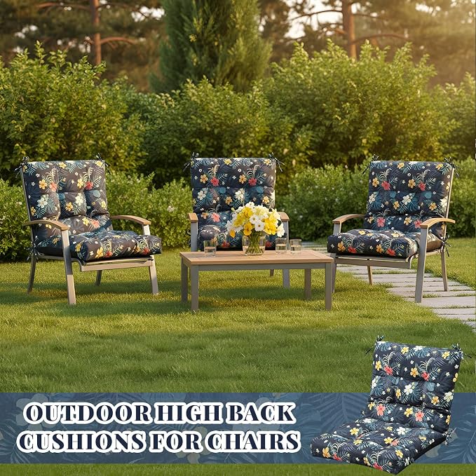 Marsui 4 Pcs Outdoor Indoor High Back Chair Cushions Patio Furniture Tufted Pillow with Ties Water-Resistant Replacement Outdoor Rocking Chair Cushions, 42 x 21 Inches (Dark Color,Plants)