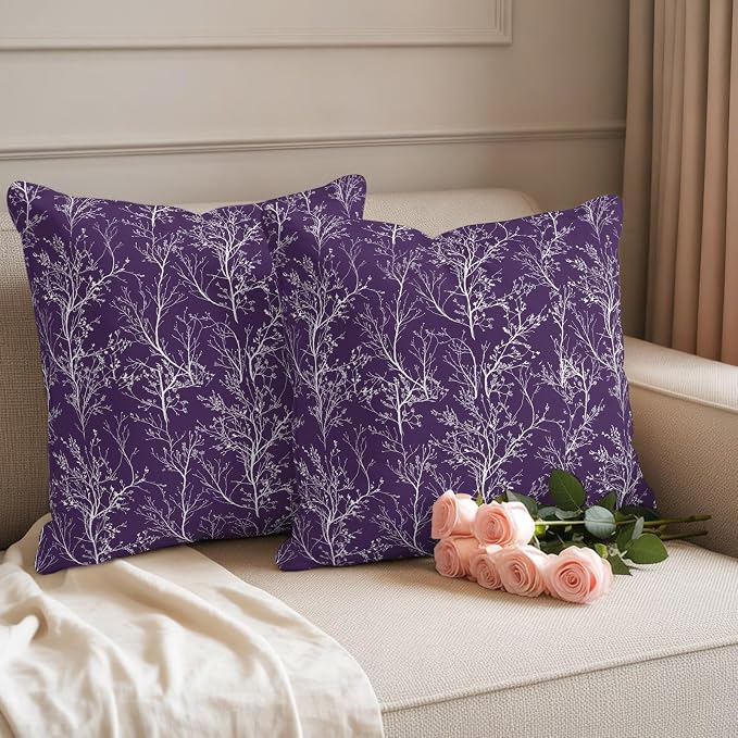 Purple Branches Waterproof Outdoor Pillow Covers Set of 2 Home Decor, Abstract Art Leaves Plant Pillowcase Patio Pillow Covers for Couch Bench Patio Furniture Garden 26x26in