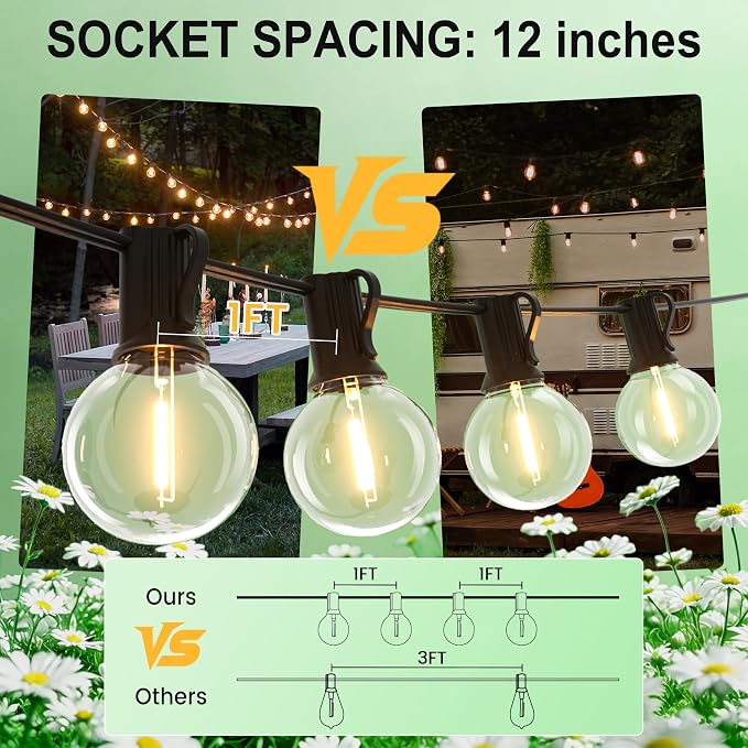 Outdoor String Lights Waterproof 75FT (1FT Bulbs Spacing) Remote for Patio | Connectable Outside Lighting Remote Dimmable,3 Modes,Timmer with 75 Plastic Globe Bulb for Backyard Bistro Porch Garden Fence
