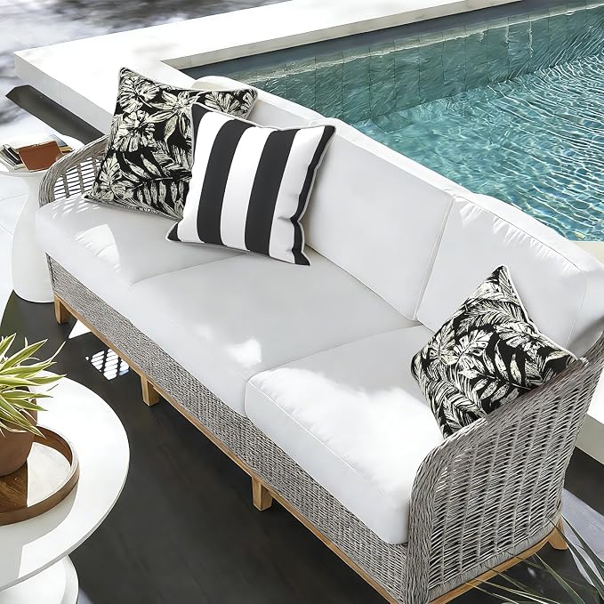 Outdoor Throw Pillow Covers Pack of 2, Decorative Water Repellent Square Pillow Cases with Piping 18x18 Inch, Tropical Leaf Black
