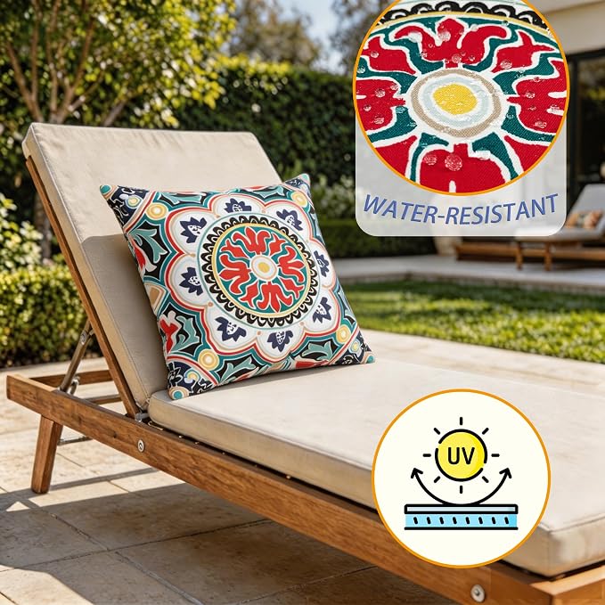 18" Outdoor Throw Pillows Set of 4, Waterproof & Fade Resistant Patio Furniture Pillows with Built-in Inserts, All-in-One Red Black Boho Design for Sofa, Patio or Backyard Relaxation
