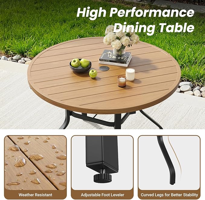 Soohow Round Outdoor Dining Table, 41" Round Patio Table Wood-Like Grain with 1.57" Umbrella Hole, Metal Outdoor Dining Tables for Backyard and Poolside