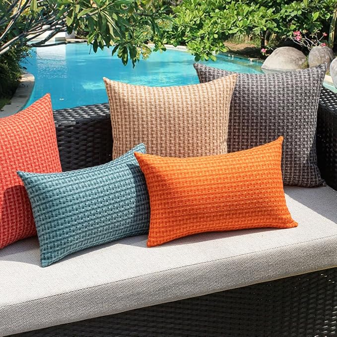 Kevin Textile Outdoor Waterproof 14"x24" Pillow Covers 2 Pack, Orange | Water Resistant Weaving Faux Linen Texture Throw Pillow Covers, Outside Decorative Pillowcases for Garden Patio Balcony Couch