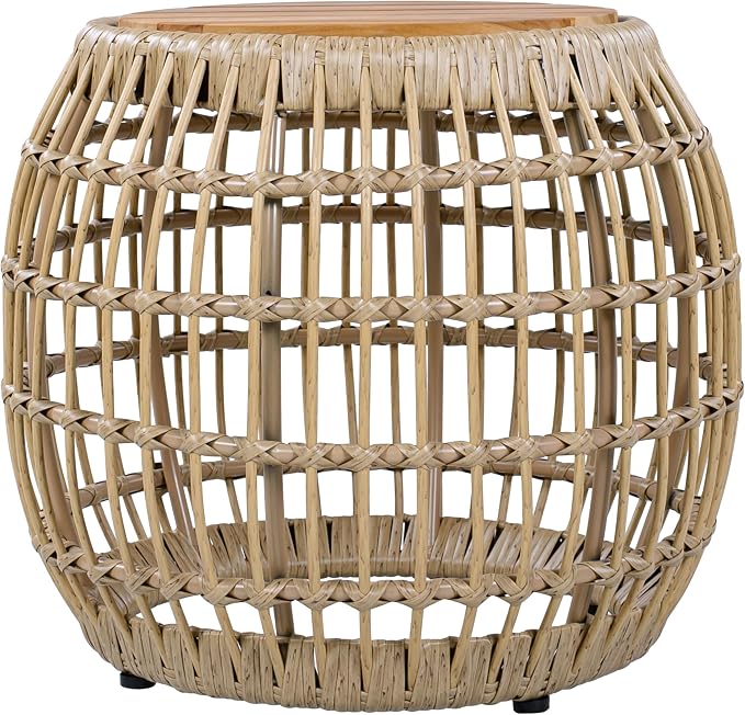 Polibi Outdoor Side Table with Handwoven Wicker Base, Weather-Resistant Outdoor/Indoor Accent Table for Patio, Balcony, Garden, Coastal & Farmhouse Decor(Light Brown)
