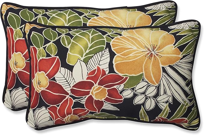 Pillow Perfect Tropic Floral Indoor/Outdoor Accent Throw Pillow, Plush Fill, Weather, and Fade Resistant, Lumbar - 11.5" x 18.5" , Black/Green Clemens, 2 Count