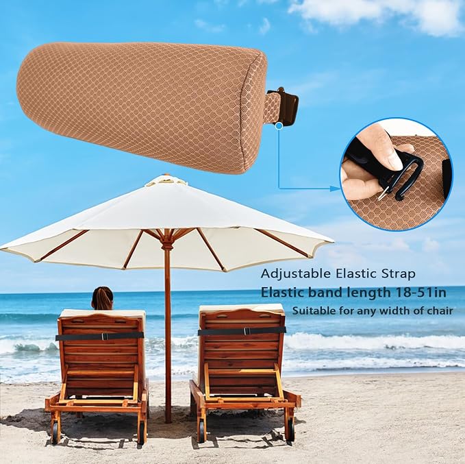 2 Pack Headrest Pillow for Patio Chaise Lounge,Recliner,Beach Chair,Brown | Resilient 3D mesh pillow with removable washable cover, adjustable elastic strap, ergonomic support, lightweight portable