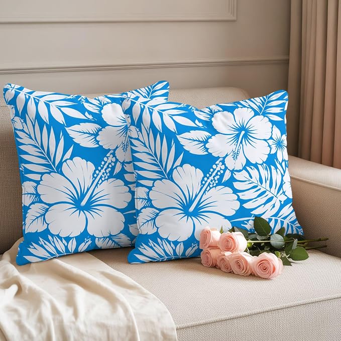 Hibiscus Flowers Waterproof Outdoor Pillow Covers Set of 2 Home Decor, Blue Tropical Monstera Leaves Pillowcase Patio Pillow Covers for Couch Bench Patio Furniture Garden 26x26in