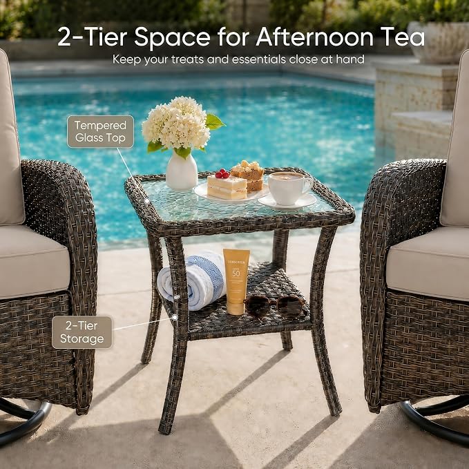 HUMMUH 3-Piece Wicker Swivel Rocking Patio Furniture Set, Brown/Beige | Powder-coated steel frame, hand-woven PE wicker, 250 lb capacity, 4-inch sponge cushions, 5mm tempered glass side table