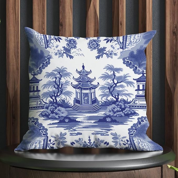 Pillowcase Chinoiserie Blue Asian Pagoda Pillows Rustic Chinoiserie Chic Asian Pillow Cover Accent Modern Decorative Pillow Covers for Patio Tent Couch 20x20 in