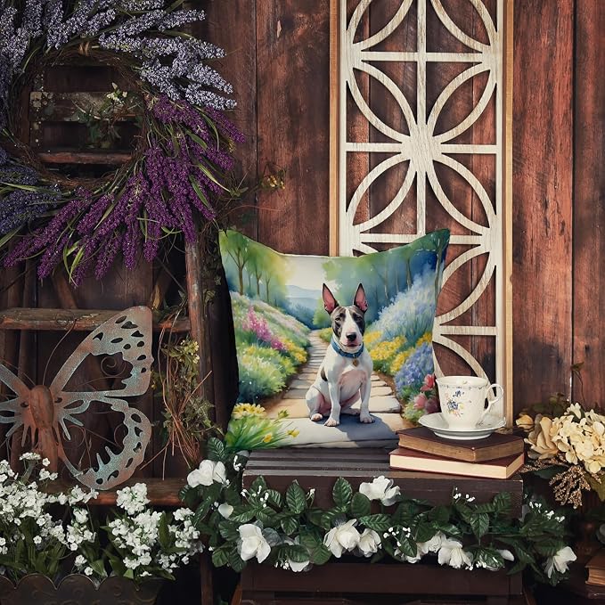 Caroline's Treasures Bull Terrier Spring Path Throw Pillow Machine Washable, Indoor Outdoor Decorative Pillow for Couch, Bed or Patio, 18Hx18W