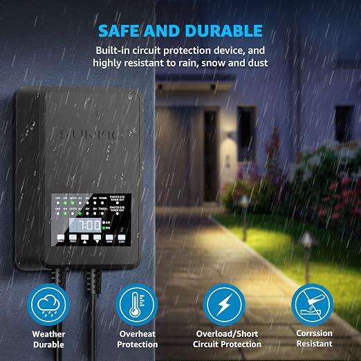 SUNVIE 200W Low Voltage Landscape Transformer with 2 Independent Control Output Landscape Lighting Transformer with Timer and Photocell Sensor 120V AC to 12/14V AC Weatherproof Low Voltage Transformer