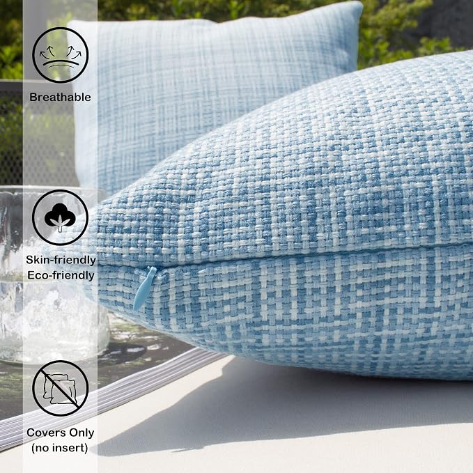 Kevin Textile Outdoor Waterproof 12"x20" Pillow Covers 2 Pack, Light Blue | Water Resistant, Faux Linen Yarn-dyed, Woven Texture Throw Pillow Covers for Tent Patio Garden Couch Sofa