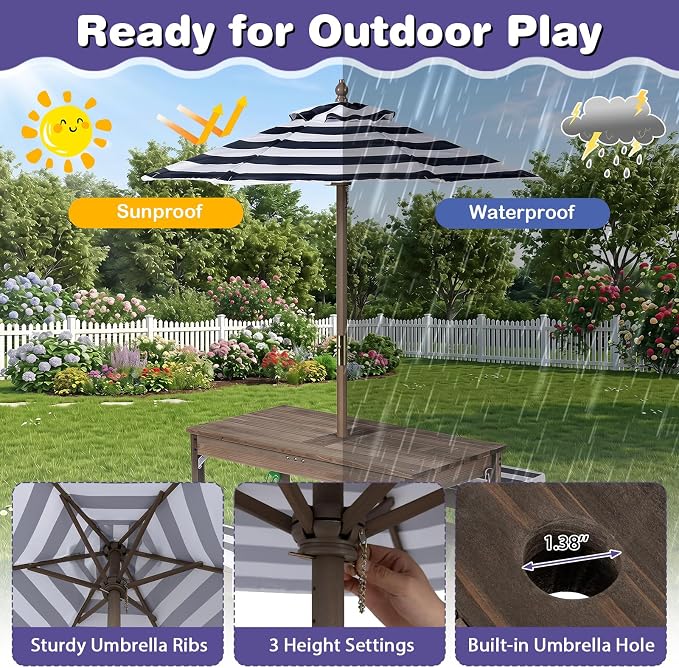 HONEY JOY Kids Picnic Table, 4 in 1 Fir Wood Toddler Sand & Water Table w/Removable Box & Umbrella, Waterproof Cover, Garden Tools, Children Outdoor Table and Bench Set with Cushions (Blue)