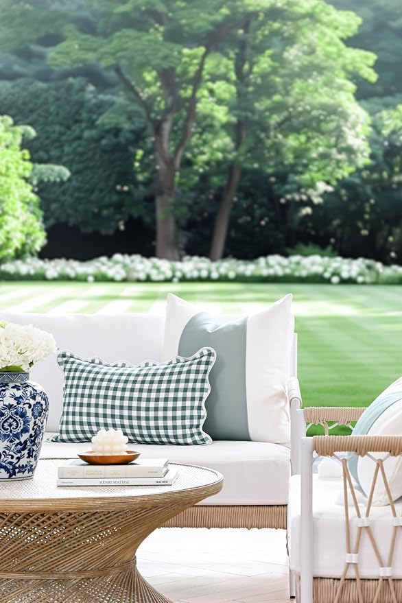 Hofdeco Premium Coastal Grandmillennial Scalloped Patio Indoor Outdoor Lumbar Pillow Cover Only, 12"x20" Water Repellent for Backyard, Couch, Poolside, Forest Green Print Gingham