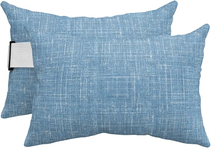 Outdoor Lumbar Pillow Set of 2, Sky Blue Waterproof Beach Headrest Pillow with Inserts, Farmhouse Vintage Blue Solid Color Modern Recliner Throw Pillows for Patio Furniture, 11 x 16